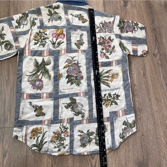 Vintage Patchwork Floral Boho Denim Collard Button Up Blouse Linen HGNY - Picture 7 of 8